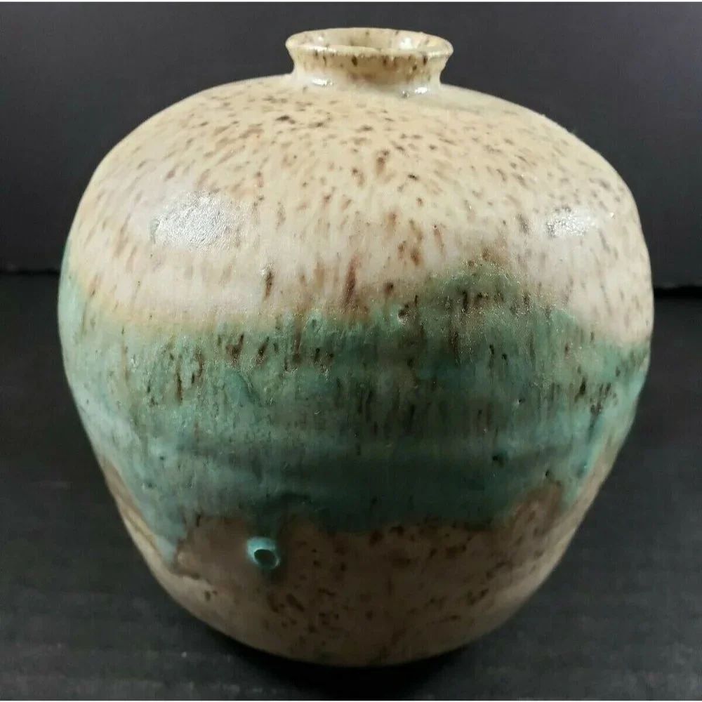 Vintage Artisan Aqua Blue Brown Speckled Glazed 5" Bud Vase Weed Pot Pottery MCM